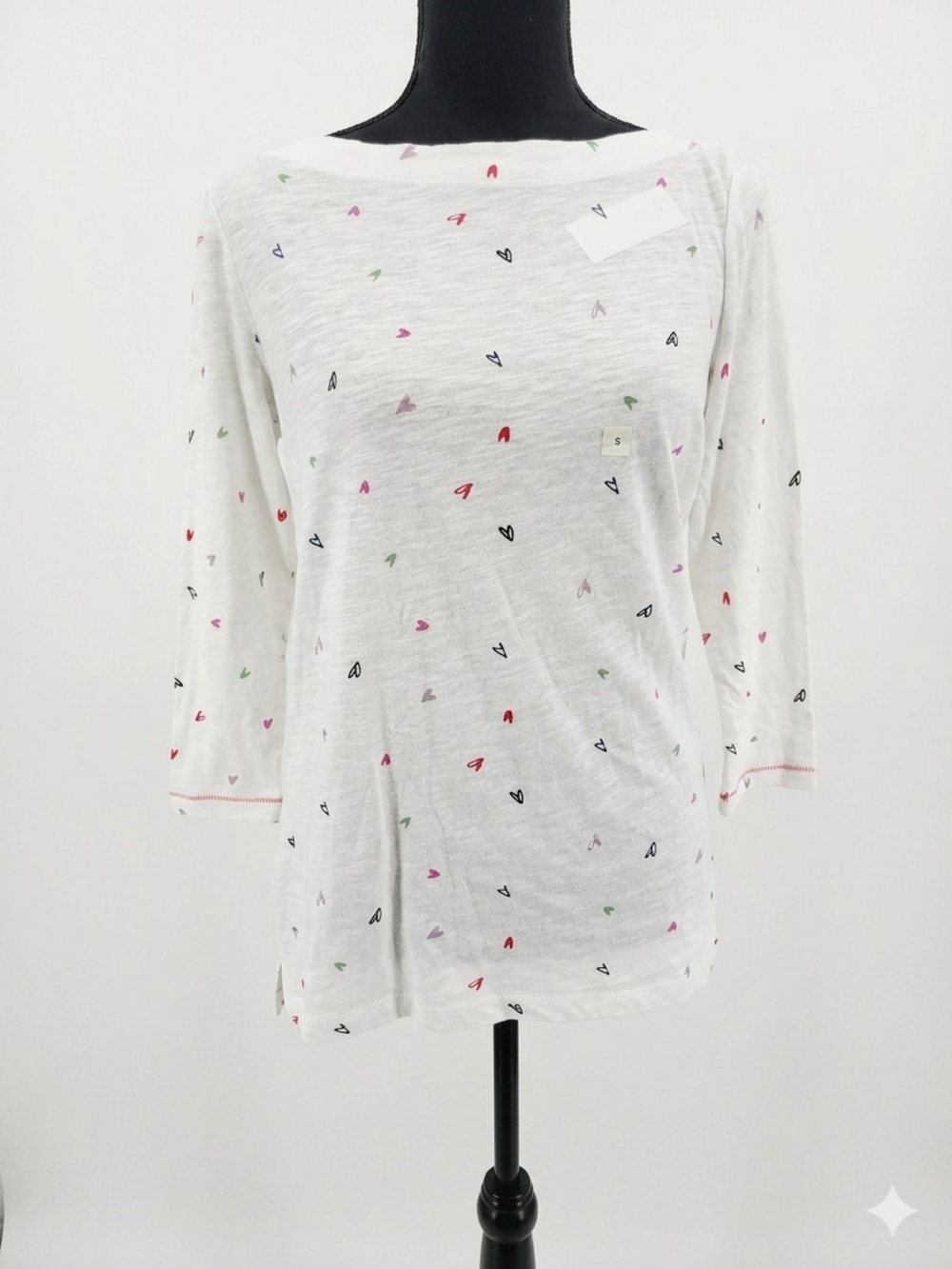 LOFT White Long-Sleeve Top with Multicolor Heart Print